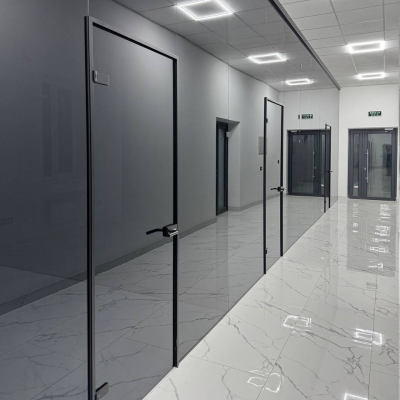 Распашная стеклянная дверь loft на петлях с алюминиевым коробом Bilbilis