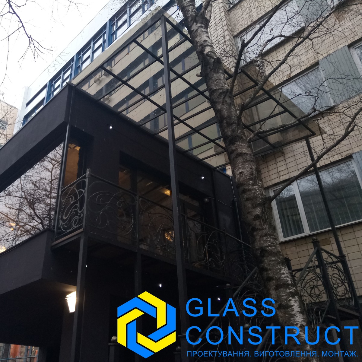 Навіс скляний, козирок зі скла, дах скляний № 016018