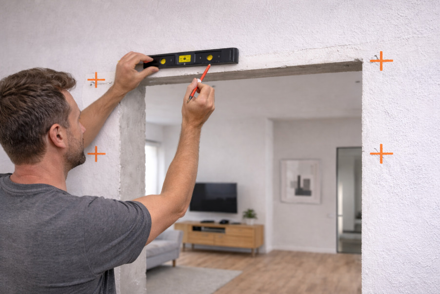 Розмітка місць кріплення для встановлення скляних міжкімнатних дверей