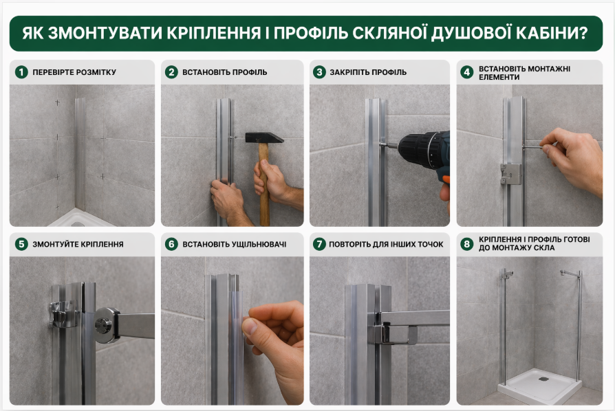 Як змонтувати кріплення і профіль скляної душової кабіни?