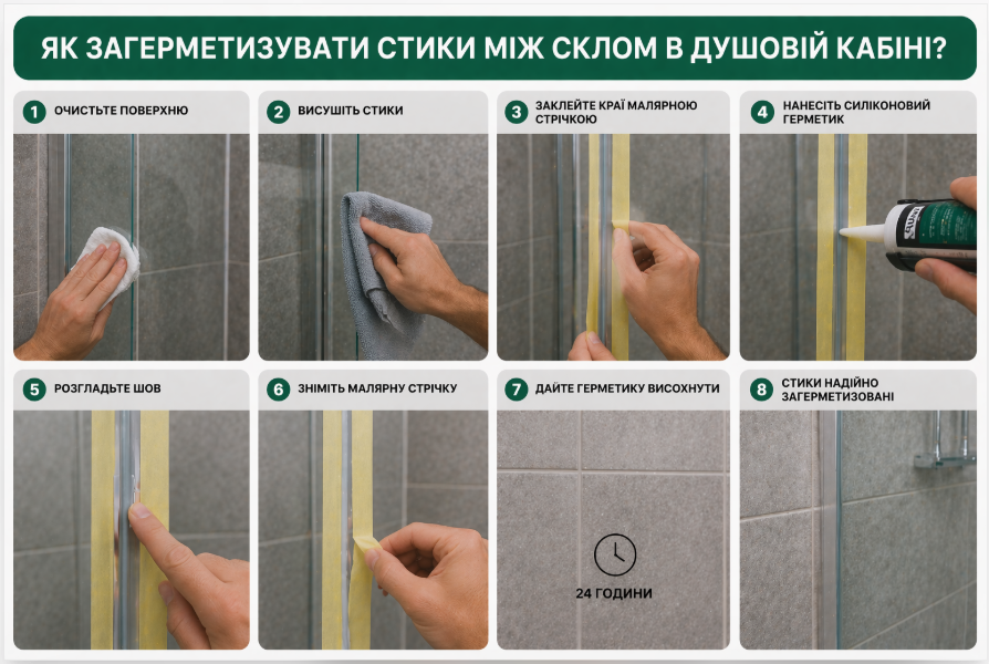 Як загерметизувати стики між склом в душовій кабіні?