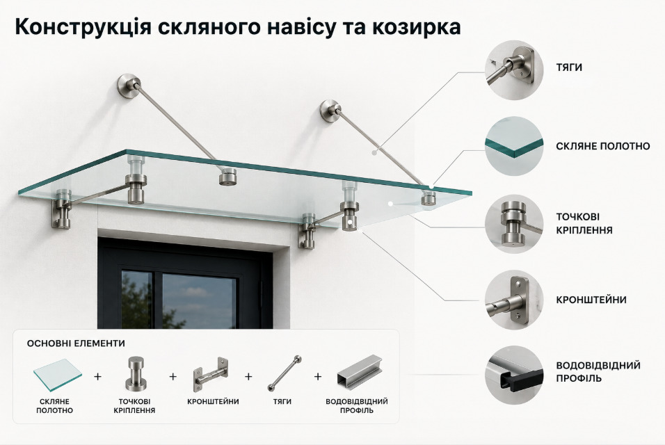 Конструкція скляного навісу та козирка