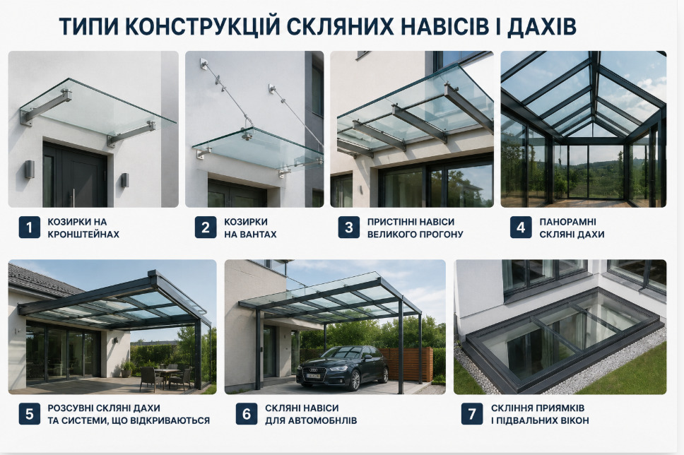 Типи конструкцій скляних навісів і дахів
