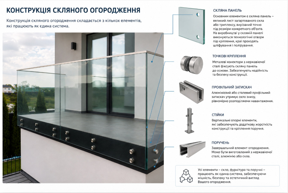 Скляні поручні, перила та огородження на замовлення