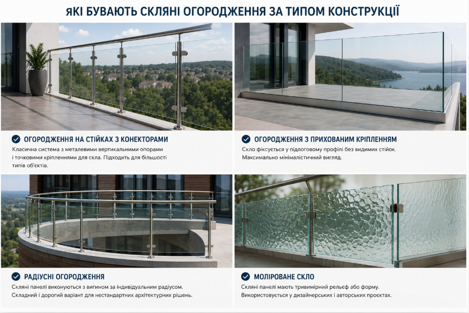 Які бувають скляні огородження за типом конструкції?